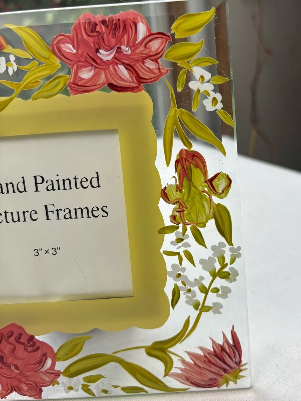 NEW Hand Painted Pink & Green Floral Picture Frame Clear Glass 7” x 7”